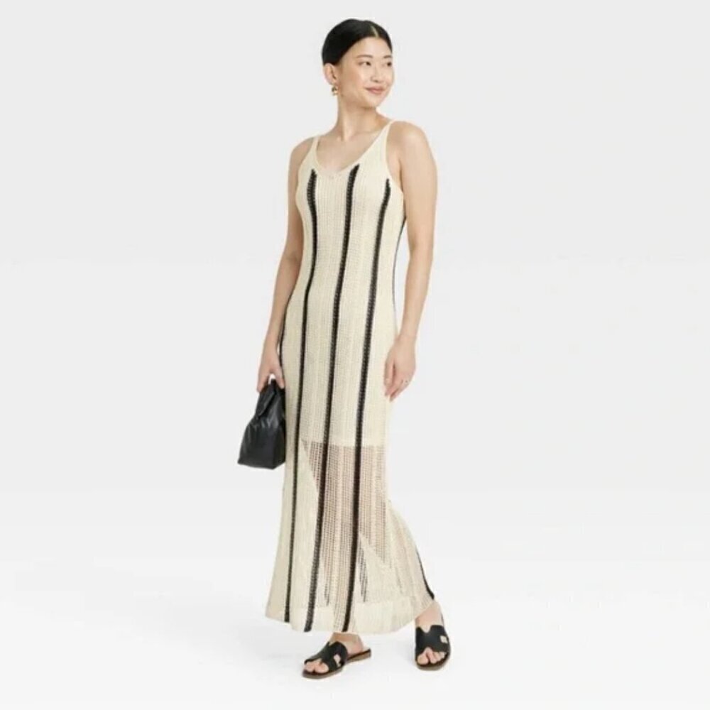 A New Day Maxi Dress L NWT Open Work Knit Cream Black Stripe Beach Summer Trip